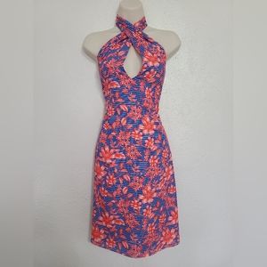 Belle Badgley Mischka Coral Blue Delilah Floral Halter Dress Open Back Sz 4